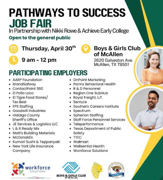 Rowe006's tweet photo. Your next career move starts here! 💼 
Join us for the Pathways to Success Job Fair in McAllen! ¡Su próximo paso profesional comienza aquí! 💼 https://t.co/ZhR1BGMEq3