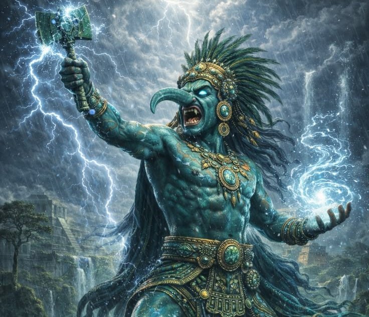 Entre los #mayas es #Chaac el dios de las lluvias que se caracteriza por portar su hacha-rayo en señal de lluvias o una antorcha en señal de sequía...ah y por su larga nariz curva.