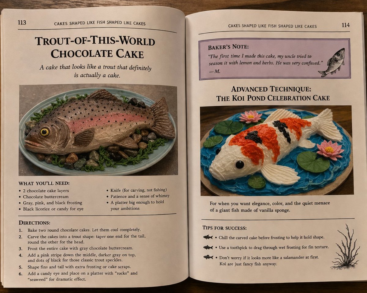 emollick's tweet image. Same prompts as before, but now in GPT image-generator 2, page excerpts from:

"Eldritch Horrors as Pets: A Guide"
"How Womblenauts Work"
"Photographs of the People of New York Who Look Like Birds" 
"Cakes shaped like fish shaped like cakes"

Lots of great little lines in there