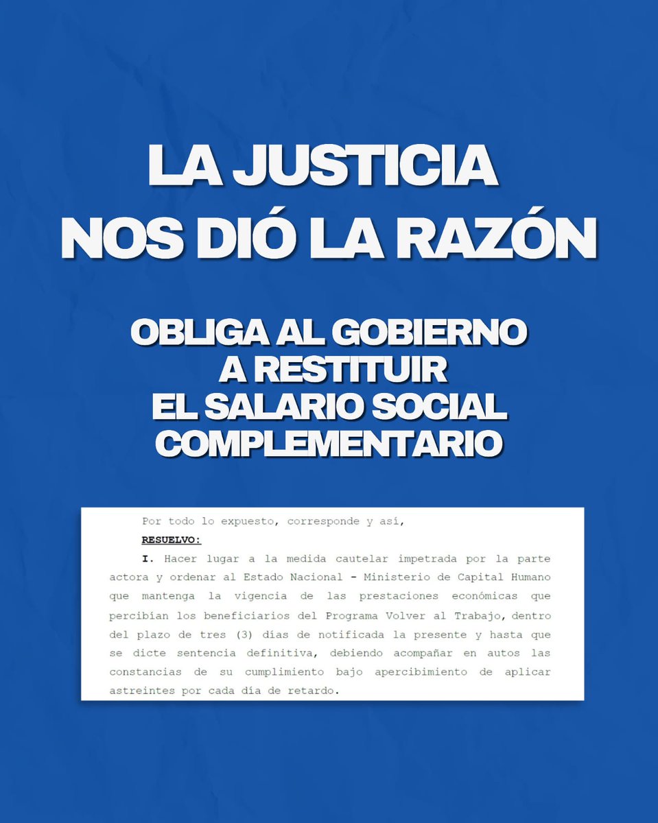 LA JUSTICIA NOS DIO LA RAZÓN
Un fallo obliga al Gobierno a restituir el ingreso de más de 900.000 trabajadores y trabajadoras de la economía popular.

No es un plan, es salario.
Trabajo gratis es trabajo esclavo.
Luchar sirve.