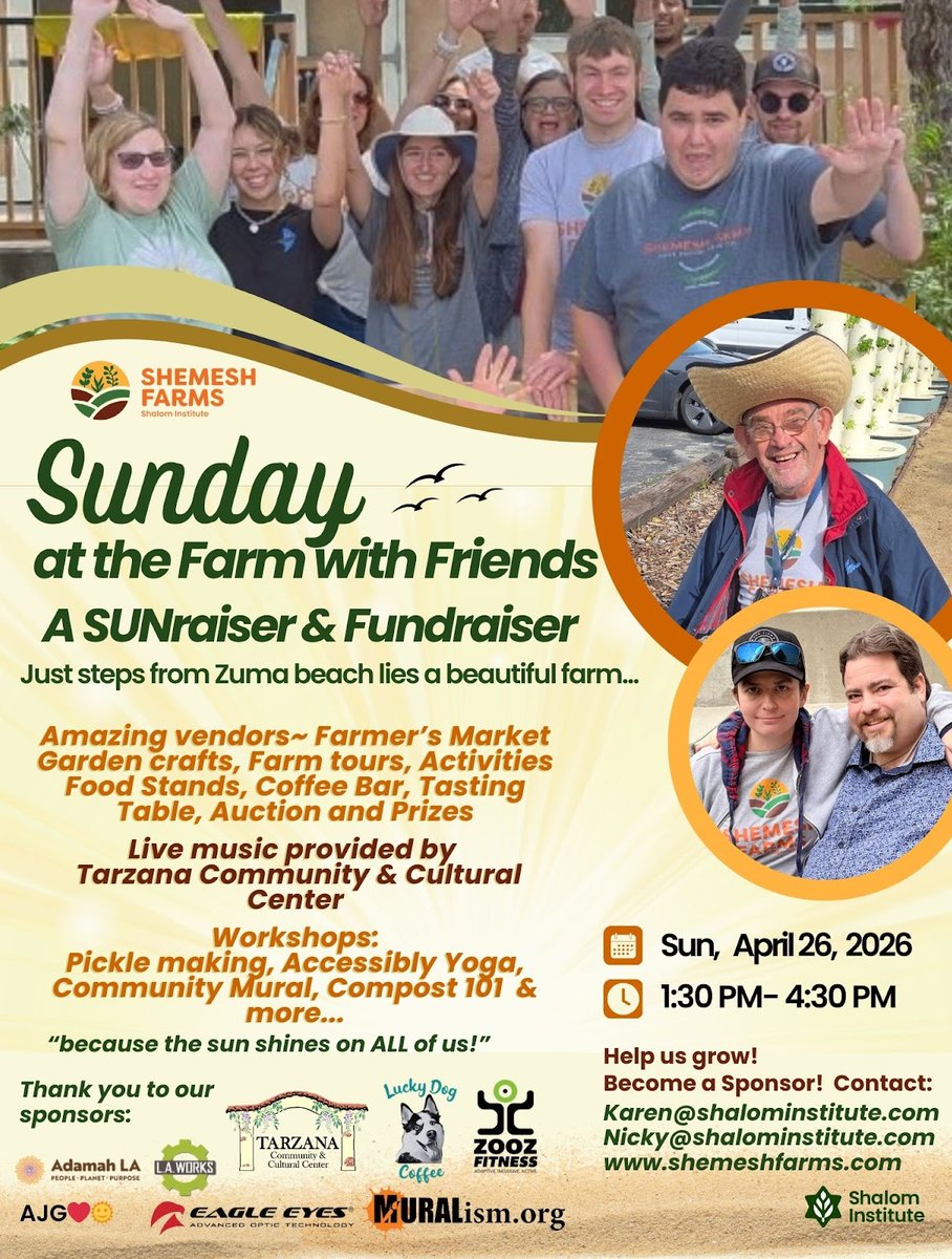 EttaOrg's tweet photo. Join our community partner, Shemesh Farms, for their annual Open House & SUNraiser: Sunday at the Farm with Friends! 🌿✨

Spend the afternoon enjoying local vendors, live music, workshops, and great food. Everyone is welcome under the sun! Your support helps Shemesh Farms continue its mission of providing meaningful employment, programming, and community for adults with diverse abilities.

📅 When: Sunday, April 26 | 1:30 PM - 4:30 PM
📍 Where: Shemesh Farms (Malibu United Methodist Church)
🔗 Register: https://t.co/SJtu15tiHE