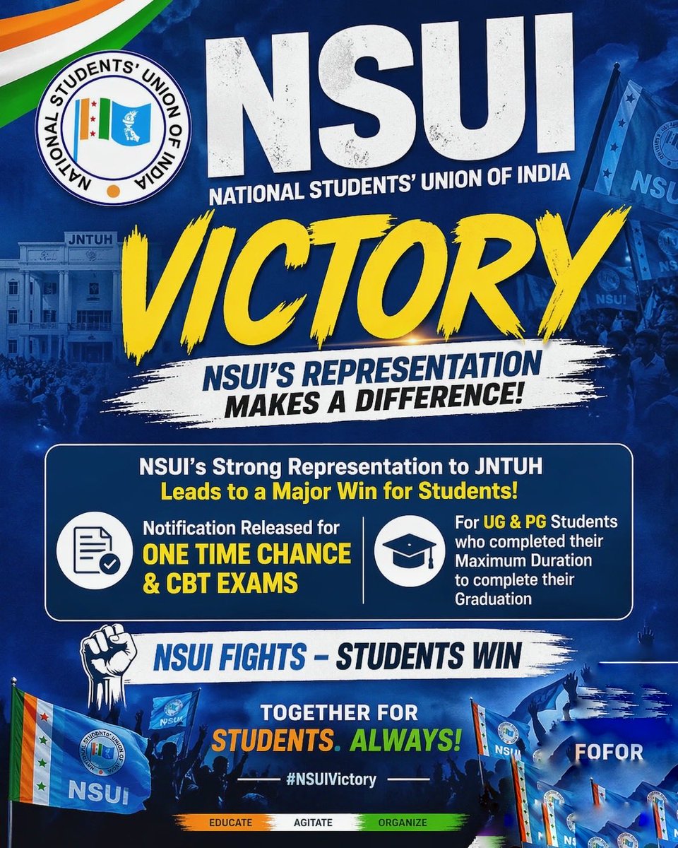 devaralarakesh's tweet photo. NSUI Victory ✊

After strong representation by NSUI, JNTUH has released notification for One Time Chance &amp; CBT exams for UG &amp; PG students who exceeded their maximum duration.

A big relief for thousands of students.

NSUI Fights – Students Win 
@kanhaiyakumar https://t.co/WTSNktgQCj
