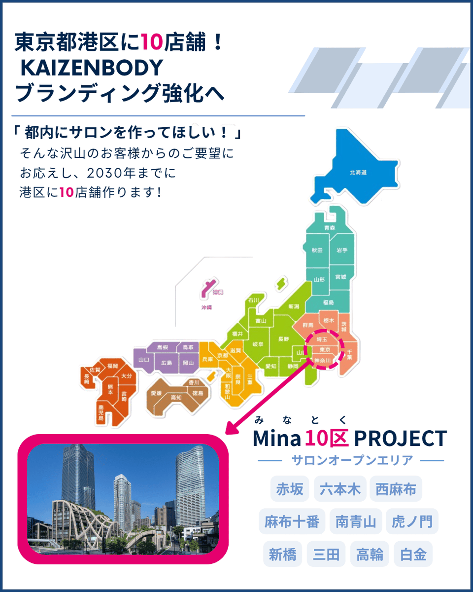 KAIZENBODY_bi's tweet photo. 2030年までに10店舗展開！
港区から広がる新プロジェクト『Mina10区Project』始動します！ 
https://t.co/ioO9t1b7P7 https://t.co/zkqXlPSR5c