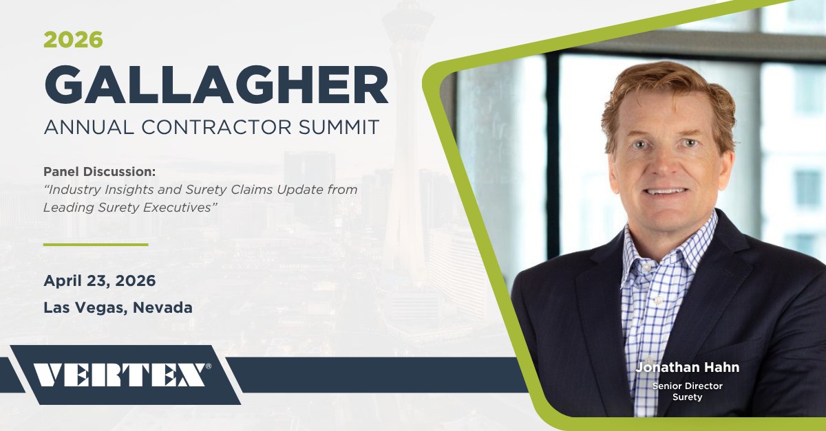 VERTEX411's tweet image. VERTEX’s Jonathan Hahn will speak at the 2026 Gallagher Contractor Summit, April 23rd in Las Vegas. He will join a surety panel covering industry insights and claims trends.

Learn more: vertexeng.com/insights/verte…

#WeAreVERTEX #Surety #ConstructionRisk