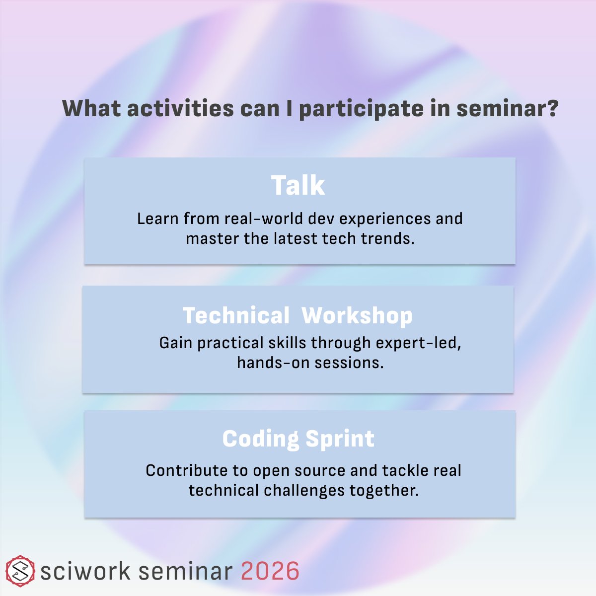 sciwork's tweet photo. 🚀 sciwork Seminar 2026 : Ticket on Sale Now!!
sciwork is an open-source community.

This summer, sciwork will host a one-day seminar, offering a feast of professional knowledge through multiple talks and workshops.

More info in the comment👇 https://t.co/jRSBwbT7Vc
