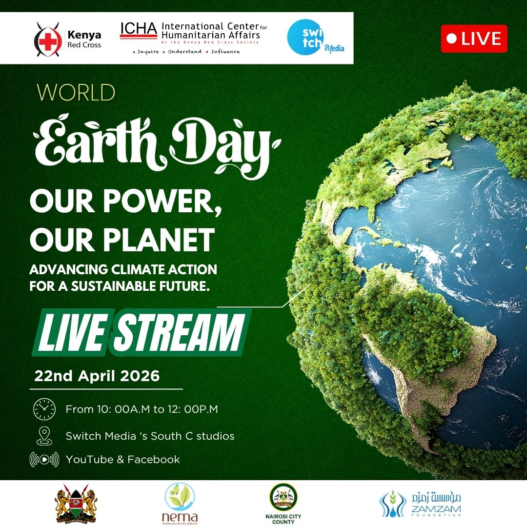 switchtvkenya's tweet photo. WORLD EARTH DAY 2026 | LIVE COVERAGE
Join us as we mark Earth Day under the theme:
“Our Power, Our Planet”
📢 Advancing climate action for a sustainable future
🎥 LIVE STREAM ALERT
Catch the full event tomorrow, 22nd April 2026 from 10:00 AM
Streaming LIVE on Switch Media YouTube & Facebook platforms
🤝 In partnership with:
Kenya Red Cross
International Centre for Humanitarian Affairs (ICHA)
Ministry of Environment, Climate Change and Forestry
National Environment Management Authority (NEMA)
Nairobi City County Government
Zamzam Foundation

Let’s come together, raise our voices, and take action for the planet 🌱

#EarthDay2026 #OurPowerOurPlanet #SwitchMediaLive #NEMA #KenyaRedCross #ICHA #ZamZamFoundation