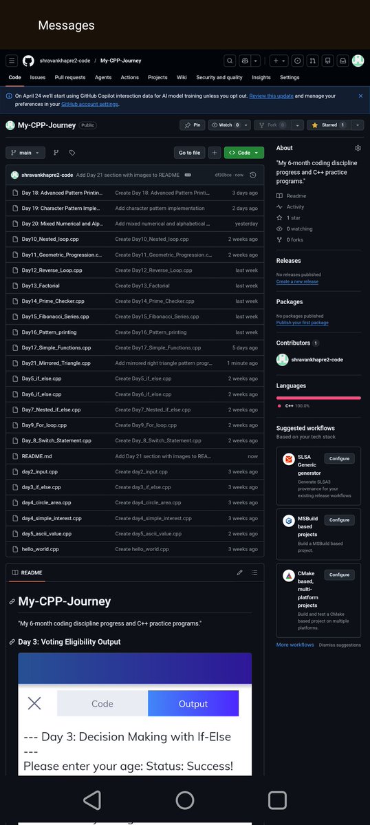 KhapreShra23685's tweet image. Day 21 / #100DaysOfCode 🚀
3 Weeks Milestone! ✅
Today's Challenge: Mirrored Triangle 📐
Logic: Spaces come first, stars follow. It’s all about the math in the nested loops! 💻✨
Progress: 21/100
#Coding #Cpp #BScCS #Programming #Day21 #Logic
