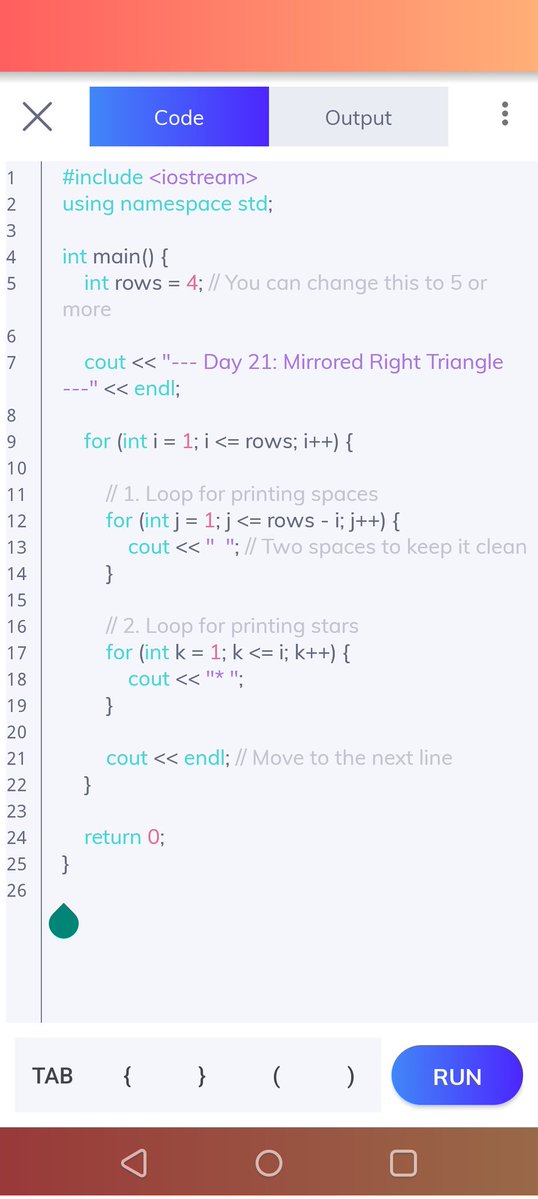 KhapreShra23685's tweet image. Day 21 / #100DaysOfCode 🚀
3 Weeks Milestone! ✅
Today's Challenge: Mirrored Triangle 📐
Logic: Spaces come first, stars follow. It’s all about the math in the nested loops! 💻✨
Progress: 21/100
#Coding #Cpp #BScCS #Programming #Day21 #Logic