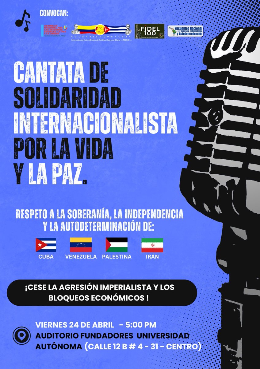 🎶🌎 𝐂𝐚𝐧𝐭𝐚𝐭𝐚 𝐝𝐞 𝐒𝐨𝐥𝐢𝐝𝐚𝐫𝐢𝐝𝐚𝐝 𝐈𝐧𝐭𝐞𝐫𝐧𝐚𝐜𝐢𝐨𝐧𝐚𝐥𝐢𝐬𝐭𝐚 𝐩𝐨𝐫 𝐥𝐚 𝐕𝐢𝐝𝐚 𝐲 𝐥𝐚 𝐏𝐚𝐳 ✊🏽

Una jornada cultural para alzar la voz por el respeto a la soberanía, la independencia y la autodeterminación de los pueblos: Cuba, Venezuela, Palestina e