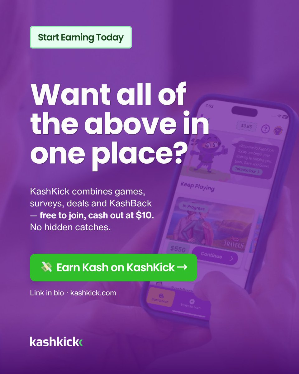 try_kashkick's tweet photo. Not all money-making apps are the same — and the right one depends on YOU 💸

From gaming rewards to cashback shopping, there are different types of legit apps to make money out there. Swipe to find which one fits your lifestyle 👉

And if you want gaming, surveys, AND cashback all in one place? KashKick does it all — free to join, PayPal cashout at $10, no hidden catches.

🔗 Sign up free — link in bio.

—
💬 Which type of earning app would you actually use? Drop it below 👇