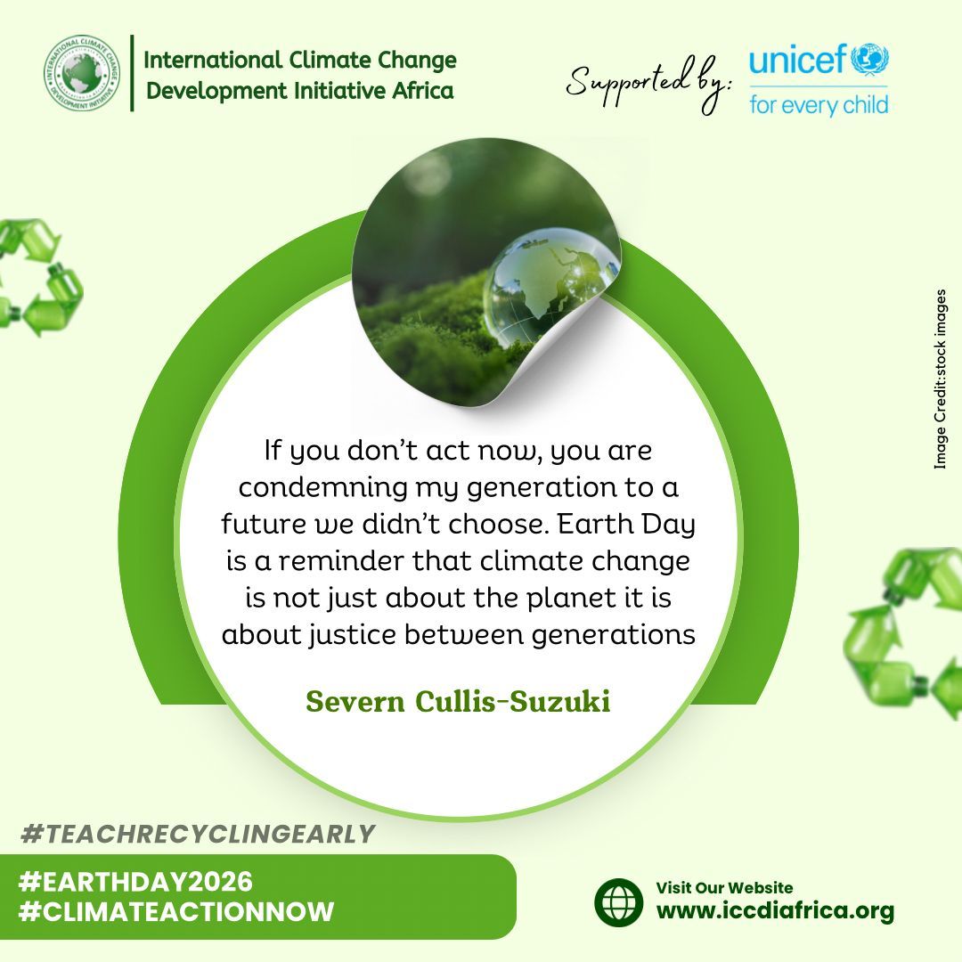 ClimateWed's tweet image. If you don’t act now, you are condemning my generation to a future we didn’t choose. Earth Day is a reminder that climate change is not just about the planet it is about justice between generations. — Severn Cullis-Suzuki

#EarthDay2026 #ClimateActionNow