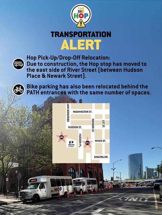 HobokenOEM's tweet image. ⚠️Heads Up @CityofHoboken Hop and bike riders heading to/from Hudson Place @ the #Hoboken terminal area:
🚌Hop pick-up &amp;amp; drop-off is now on the east side of River St btwn Hudson Pl &amp;amp; Newark St.
🚲Bike parking is relocated behind the PATH entrances.
🔗MORE: local.nixle.com/alert/12344291…