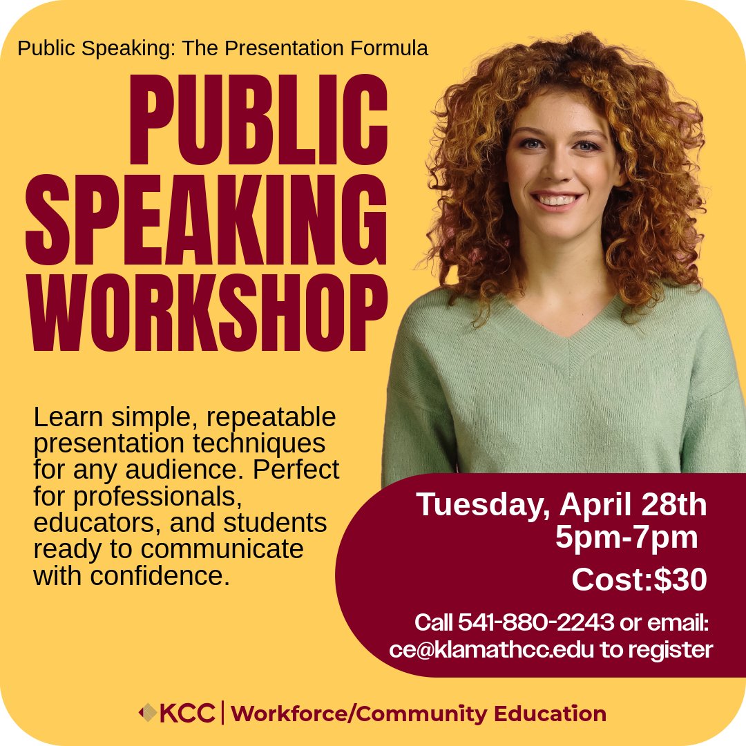 KlamathCC's tweet image. 🎤 Ready to speak with confidence?
Join our Public Speaking Workshop and learn simple, repeatable presentation skills for any audience—perfect for students &amp;amp; professionals.
📅 April 28 | 5–7 PM
💲 $30
📧 ce@klamathcc.edu
📞 541‑880‑2243
#PublicSpeaking #StudentSuccess
