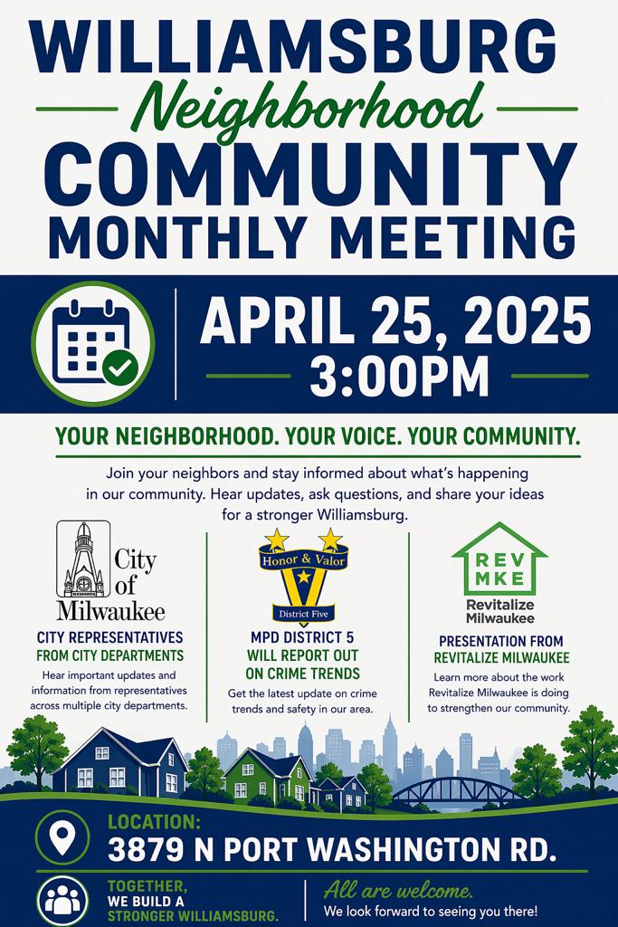MilwaukeePolice's tweet image. #MKEPD #JoinUs 

Join your neighbors and stay informed about what's happening in our community. Hear updates, ask questions, and share your ideas for a stronger Williamsburg.