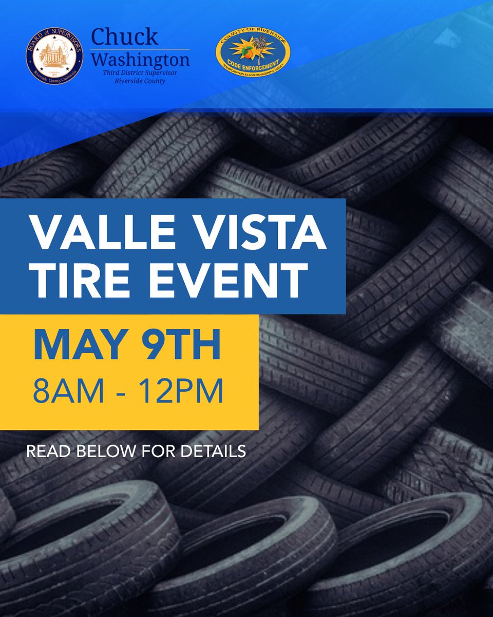 RivCo_Code's tweet photo. Let's Clean Our Community! Join the FREE Valle Vista Tire Event 
📍25757 Fairview Ave, Hemet 
📅 May 9, 8AM-12PM. 
Bring car tires (no rims). 
Questions? Call 951.210.1145 or email JCruz@rivco.org! https://t.co/KGnokzp1Mp