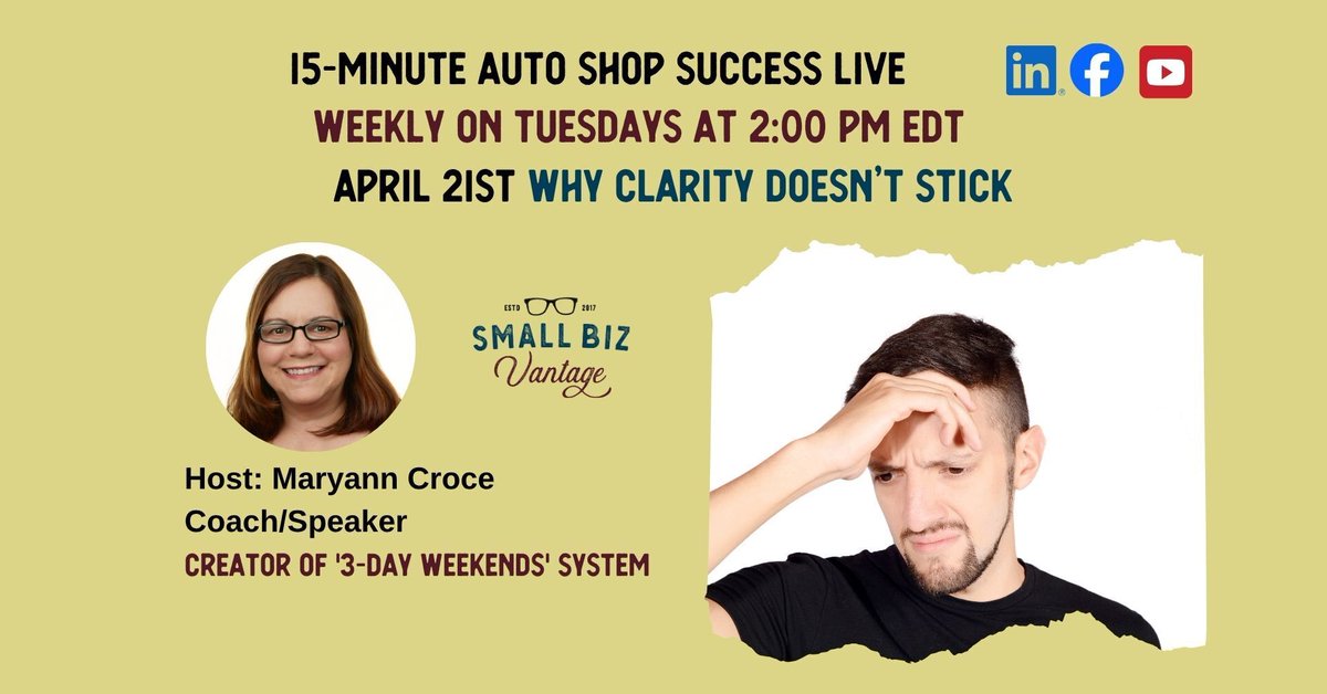 SmallBizVantage's tweet image. Join me LIVE! Invest 15 minutes a week. If it’s not defined, it defaults to the owner. Learn how role clarity helps auto shop owners reduce dependence and reclaim time. #autoshopowner #manager #leader #smallbizvantage