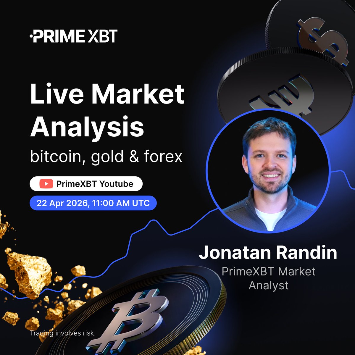 PrimeXBT's tweet image. 🎙️ Live: Market Analysis 

Join @JonatanRLZ for a real-time breakdown of $BTC, #Gold, and #Forex, covering key levels, market structure, and the macro forces driving price action.

Live Q&amp;amp;A throughout, bring your questions!

🔔 Set a reminder: youtube.com/watch?v=smpYpM…
