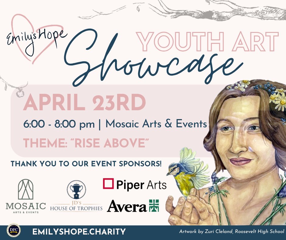 EmilysHope_'s tweet image. We're so excited for the Youth Art Showcase happening this Thursday, from 6:00-8:00pm at Mosaic Arts &amp;amp; Events in Sioux Falls! 

We hop you'll join us to celebrate the creativity and resilience of our local youth. 💜

Learn more: events.emilyshope.charity/event/emilys-h…

#EmilysHope #LocalArt
