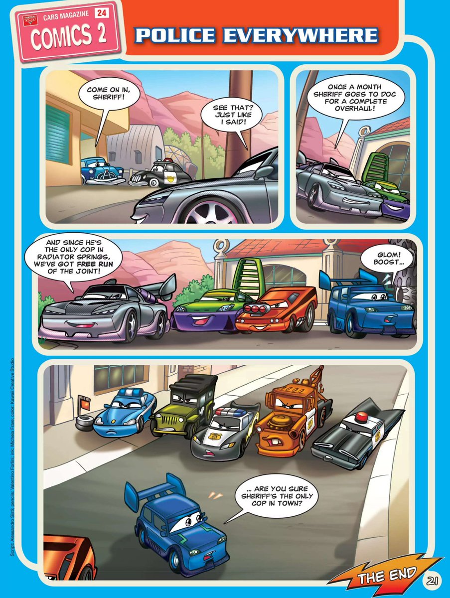 ScoobGoob's tweet image. See? Sheriff doesn't need Mike 007 and Didi 05 to fill in on his behalf. The residents of Radiator Springs can take matters into their own hands!

Source: Disney Pixar CARS Magazine Mar. 2010 #24 - "Police Everywhere"  
#Disney #Pixar #Cars #PixarCars