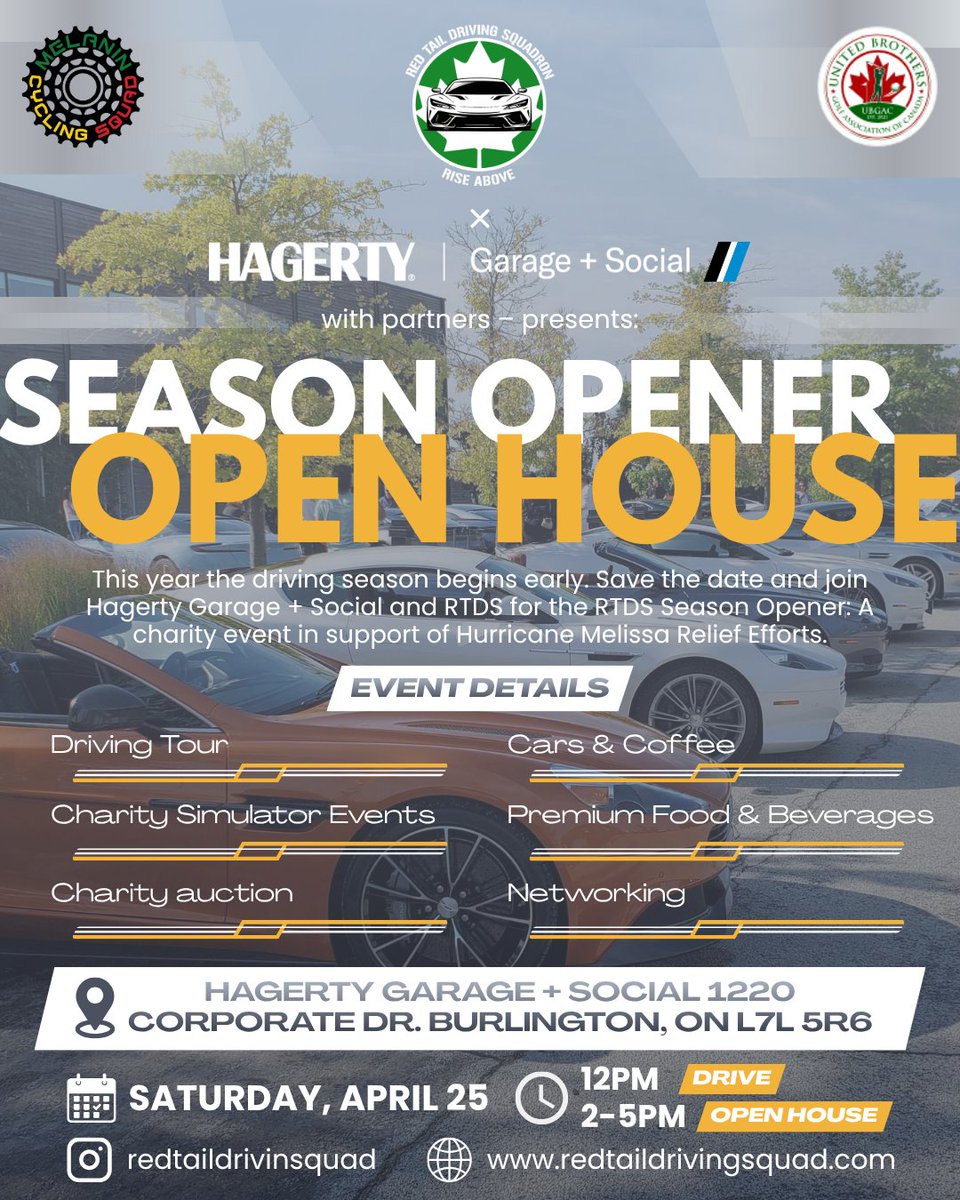 CABLNational's tweet photo. Come to thehe Red Tail Driving Squadron Open House on April 25, 2026! 

📅 Sat, April 25 
📍 Hagerty Garage + Social 
🎟 RSVP to Larry Henry: lhenry@benjaminlaw.ca
Family welcome!

#CABL #RedTailDrivingSquadron #Networking #GTAEvents #GiveBack https://t.co/OTHwlZC3UA