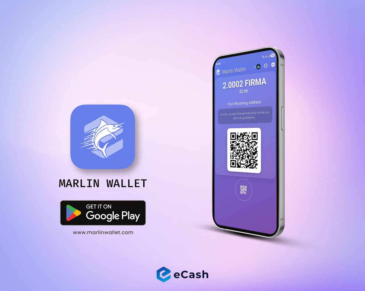 eCash's tweet photo. Marlin Wallet v2.0.1 is here! 🚀

This release adds support for @firmaprotocol, allowing you to send and receive the $FIRMA stablecoin on the eCash network.

📲 Update now: https://t.co/Lbv6uMR1zc https://t.co/eUGdhrLoYn