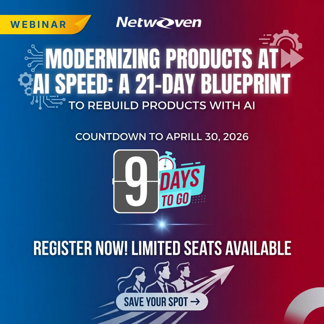 Netwoven's tweet image. Stop falling behind your competitors. Modernize your product roadmap in just 21 days with our proven AI-powered blueprint. Register now🔗 zurl.co/zZcyd 

#ModernizeProducts #AIPowered #Webinar #Netwoven