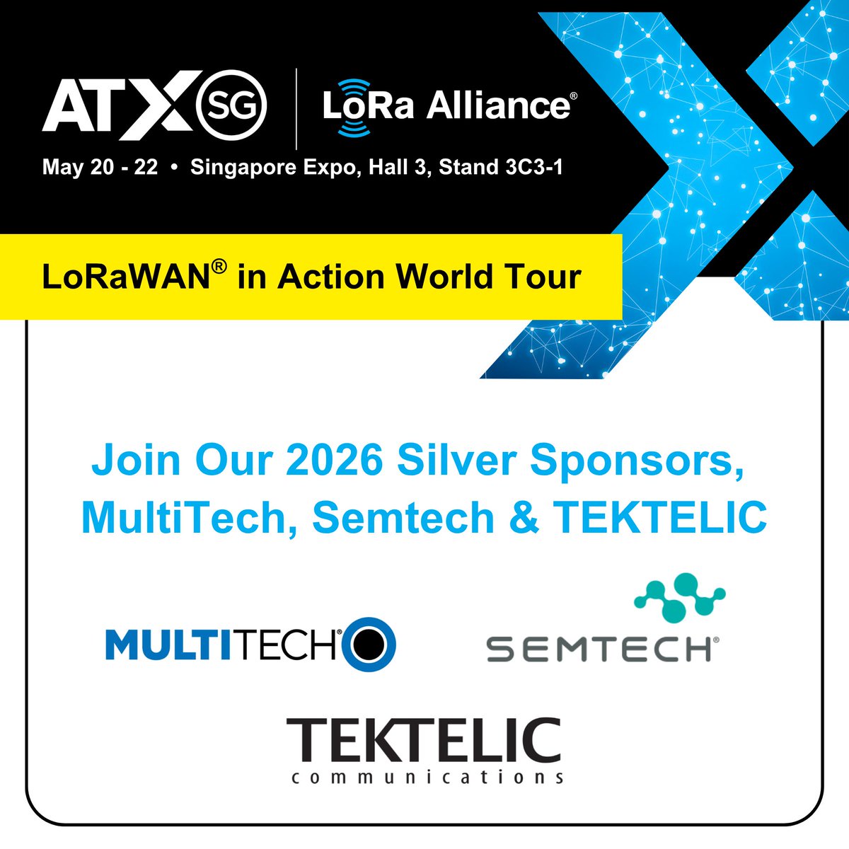 LoRaAlliance's tweet image. Join us at Asia Tech x Singapore this May! We’re proud to have #LoRaAlliance members @MultiTechSys, @SemtechCorp, and @tektelic as Silver Sponsors, showcasing innovative #LoRaWAN solutions at our Pavilion and during our presentation track.

Learn more: hubs.li/Q04cY4x30
