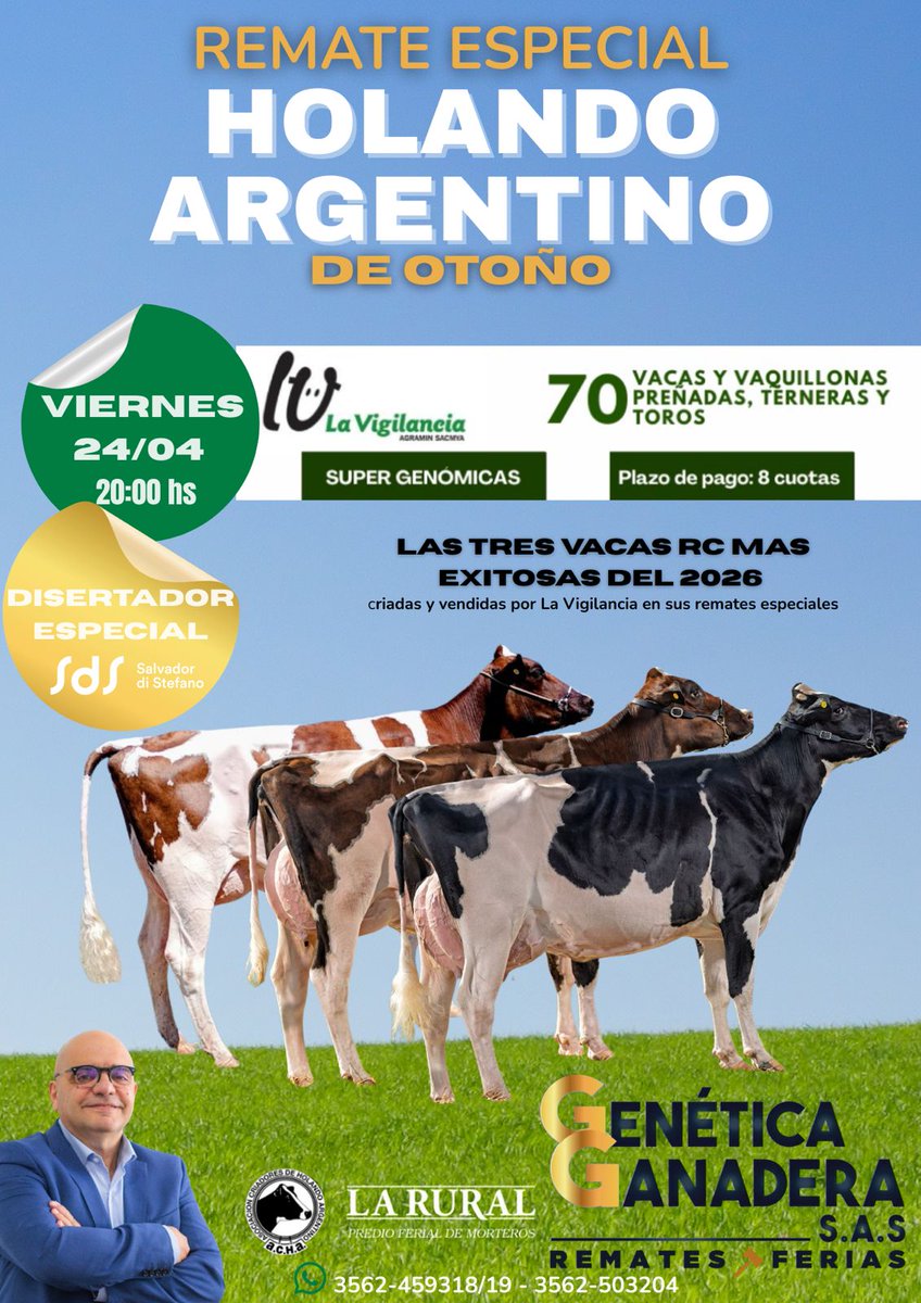 HolandoACHA's tweet image. Compatimos información de la nueva edición del Remate LA VIGILANCIA  de AGRAMIN organizado conjuntamente con GENETICA GANADERA el próximo viernes 24 en Sociedad Rural de Morteros.
Los esperamos
Consultas al 011.51104298

#Produccion #lecheria #productorlechero #vacaslecheras