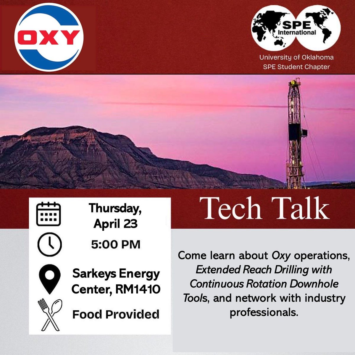 OU_MPGE's tweet image. Students,
Last SPE Technical Talk of the semester,
network with industry professionals.
5pm april 23rd
Sarkeys Energy Center RM1410

#students #academia #techtalk #petroleumengineering #ou_mpge