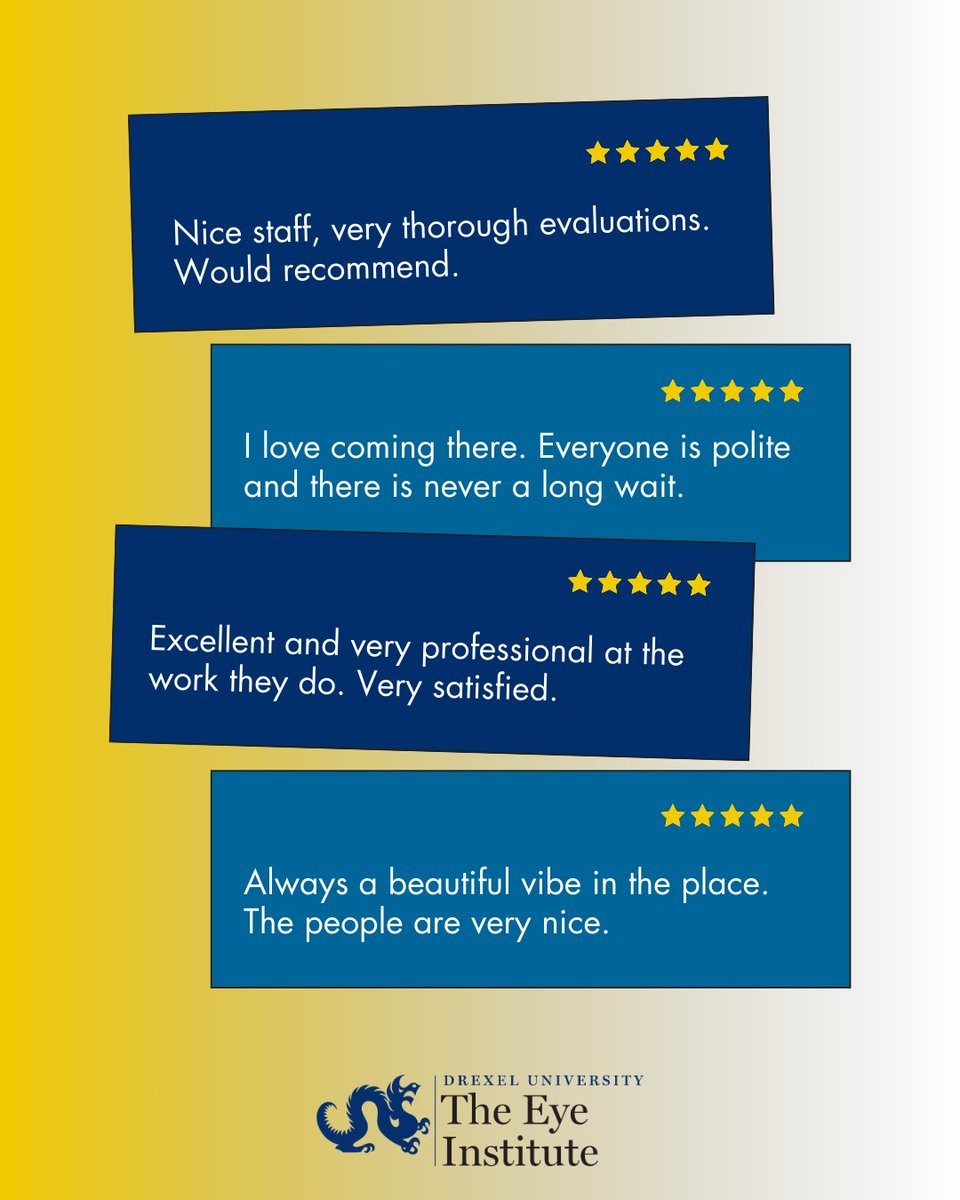 PAEyeInstitute's tweet photo. See why our patients choose The Eye Institute for all of their eyecare needs!

Call 215.276.6111 to schedule your appointment today.

#salusatdrexel #eyehealth #review #TheEyeInstitute #TEI https://t.co/yVrZKRU8QE