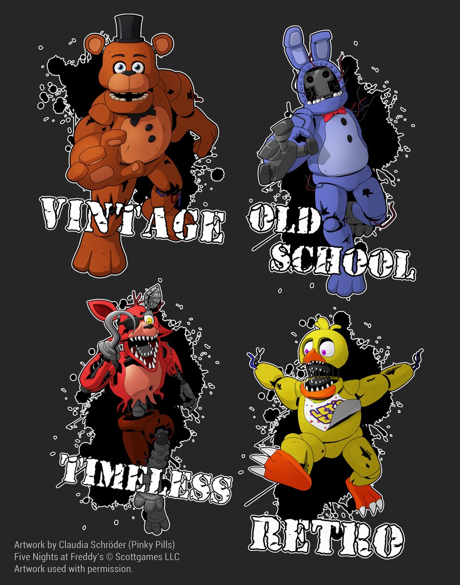 PinkyPills's tweet photo. Illustrations for merchandise, done for Scottgames (2024). #fnaf #fivenightsatfreddys https://t.co/DJpyNdCdA9