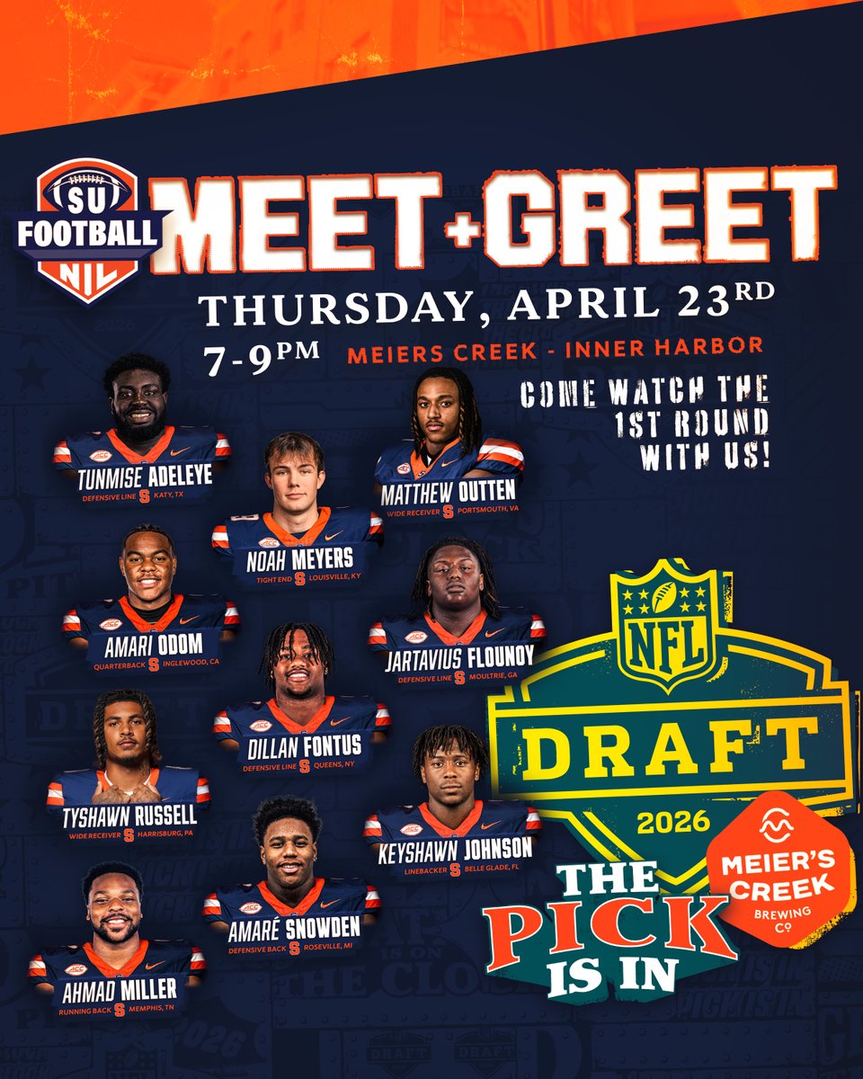 Meiers_Creek's tweet image. Attention Orange Nation 🧡🏈 NFL Draft night hits different with SU Football players in the house! Come on out and watch Round 1 with these SU stars! 📍 Meier’s Creek Inner Harbor | This Thursday, 7–9PM 🔥 #meierscreek #sufootball #cuse #goorange @sufootballnil @CuseFootball