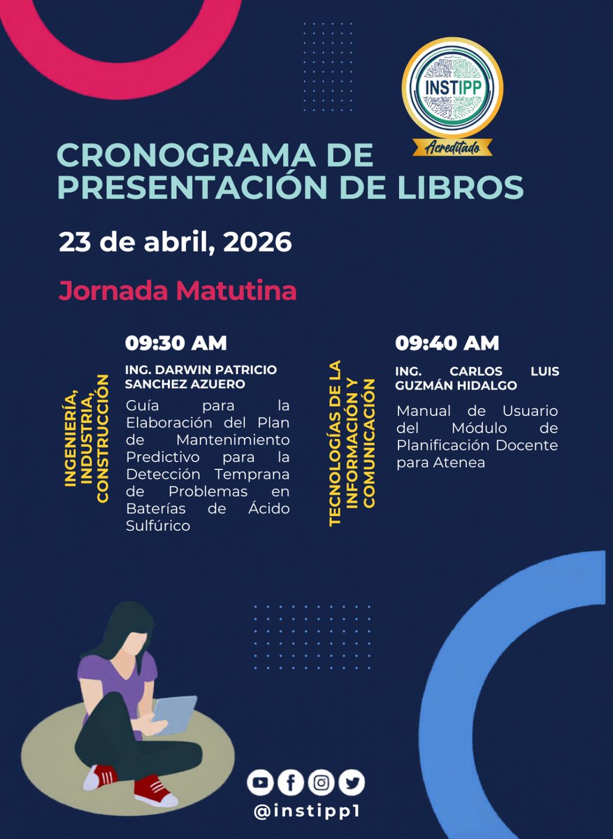 instipp1's tweet photo. PRESENTACIÓN DE LIBROS

El Instituto Superior Tecnológico Ismael Pérez Pazmiño, en conmemoración del Día Mundial del Libro, invita cordialmente a la Presentación de Libros, un espacio dedicado a promover la lectura 📚, el diálogo académico y el intercambio de conocimientos. https://t.co/e2gPeYP7GJ
