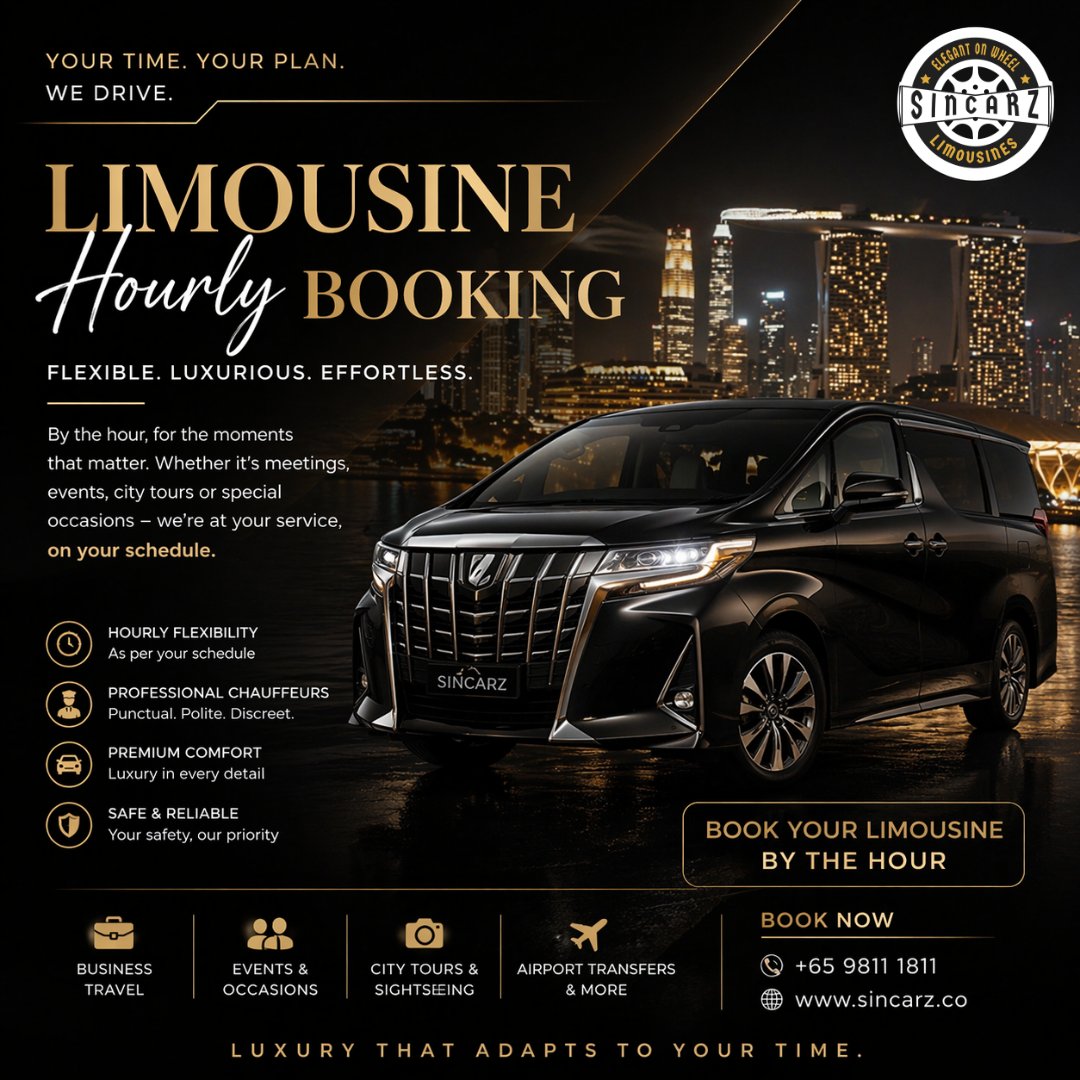 Sincarz_'s tweet image. Your time, your plan—we drive. ✨

✔️ Chauffeur-driven professionalism
✔️ Premium comfort in every ride
✔️ Flexible hourly plans, tailored for you

📲 Book your limousine by the hour today
🌐 sincarz.co
📞 +65 9811 1811
#SinCarz #LuxuryOnDemand #HourlyBooking