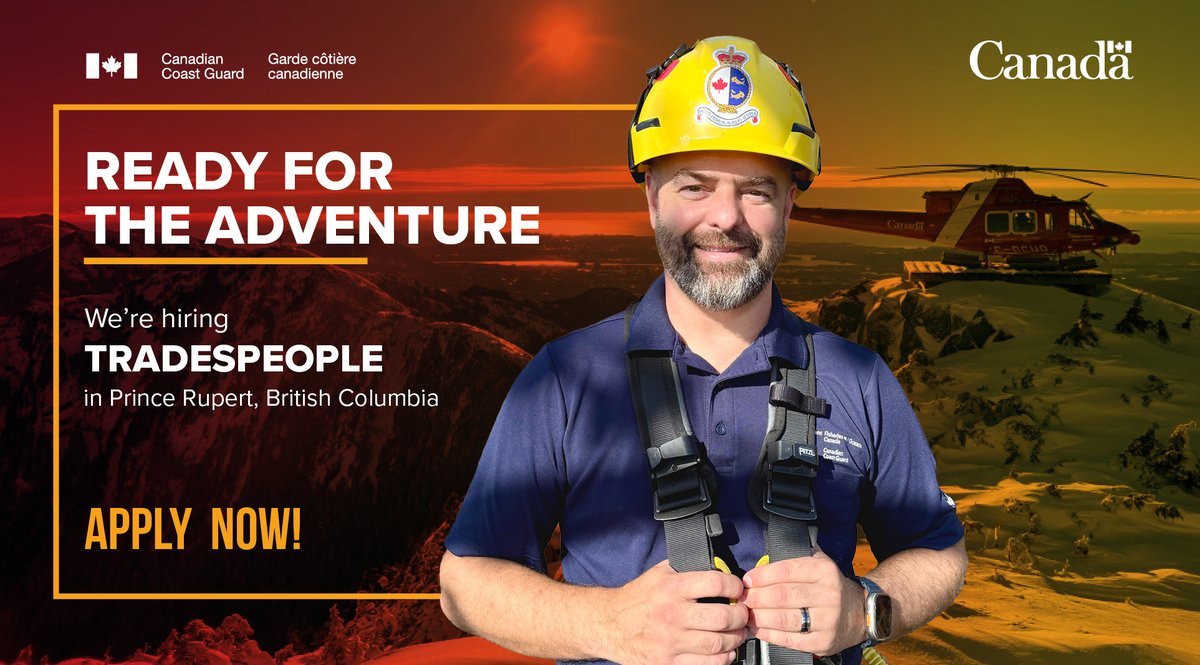 CoastGuardCAN's tweet image. The outdoors is calling! 

We’re hiring tradespeople in Prince Rupert, #BritishColumbia! 

We’re looking for electricians, mechanics, carpenters, riggers and labourers. 

Apply before June 30, 2026: emploisfp-psjobs.cfp-psc.gc.ca/psrs-srfp/appl…