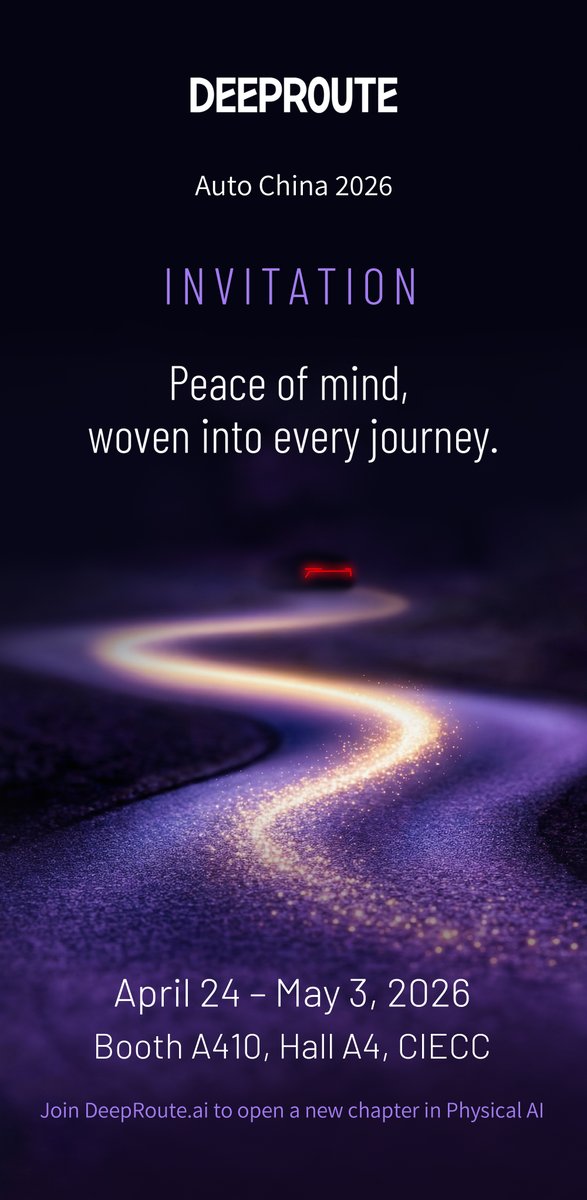 DeepRoute_ai's tweet photo. Auto China 2026 is here! 🚗 Join https://t.co/1Cdnzaqlgs as we unveil the next chapter of #PhysicalAI and our mass-produced #AutonomousDriving solutions. Peace of mind, woven into every journey.
📍 Booth A410, Hall A4, CIECC
📅 Apr 24 - May 3, 2026
See you in Beijing! 👇
#AI https://t.co/xpUrgT22Bi