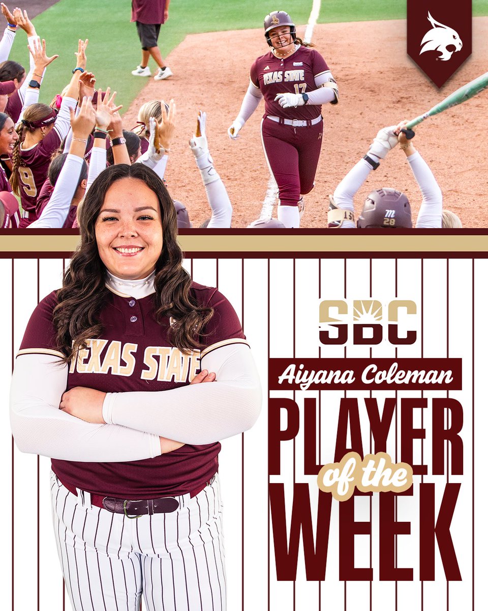 TXStateSoftball's tweet photo. Player of the Week 😼

@coleman_aiyana earns Player of the Week to help the ‘Cats sweep the @SunBelt awards this week! https://t.co/L0ogtYnPZS