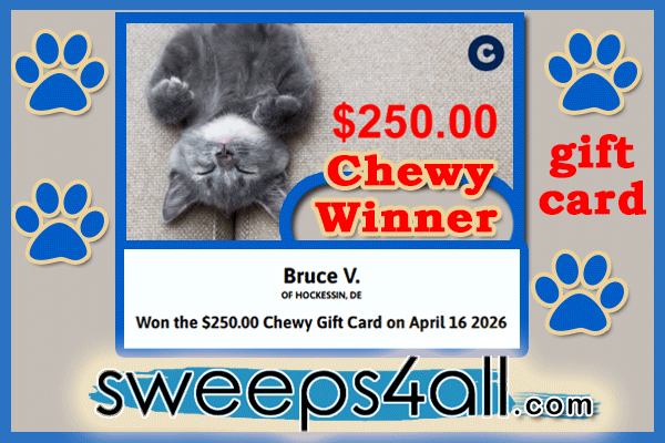 SweepsForAll's tweet photo. 🏆Congrats 🐾$250 Chewy Gift Card #Winner ~ Bruce V. of Hockessin, Delaware ~  April 16, 2026!🐾

🆓Enter to #win up to $888,888.88 totally free with Sweeps4All!
Enter now👉https://t.co/3Hn0Lacy8g https://t.co/YXEM5MhhgY