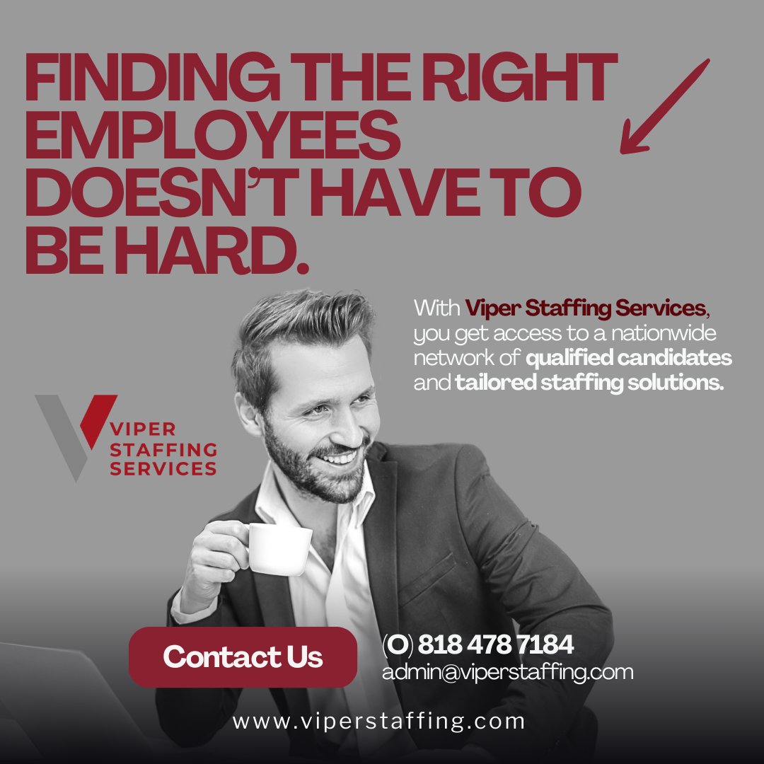 ViperStaffing's tweet image. Finding the right employees doesn’t have to be hard.

🔗 Visit: viperstaffing.com
📩 Email your resume: admin@viperstaffing.com

#RecruitmentExperts #StaffingSolutions #ViperStaffing #NationwideHiring #HireSmart #CareerSuccess