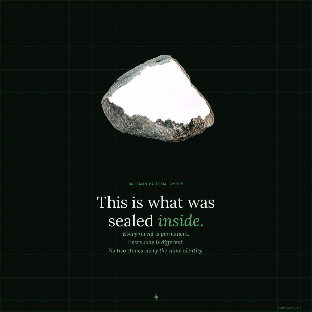 JadeVaultNFT's tweet image. This is what was sealed inside.

One reveal doesn't teach you much.
It takes repetition to start seeing differences.

jadevault.io 

#PolygonNFT #JadeVault