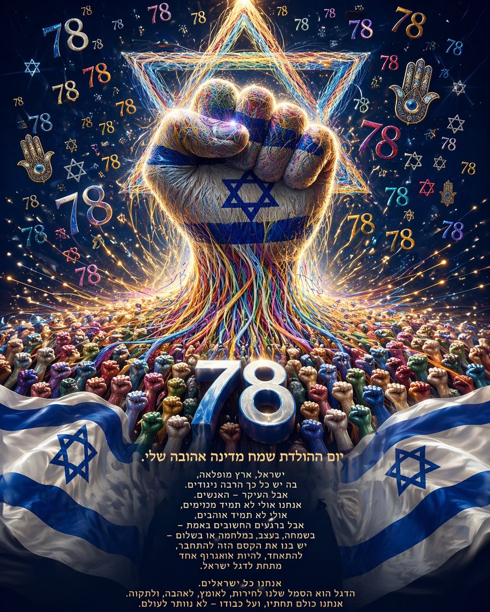 XNOVA_0X26's tweet image. Israel at 78.
Happy Independence Day, Israel. 🇮🇱

#Israel #IndependenceDay #YomHaAtzmaut #IsraelAt78 #Unity #Hope #IsraeliSpirit