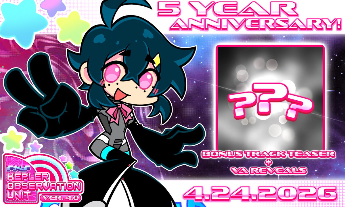 The FNF: K.O.U mod's 5 year anniversary is in 3 DAYS!! To celebrate, we'll be teasing one of the mod's bonus tracks and doing voice actor reveals!

See you then! ⭐️💫✨