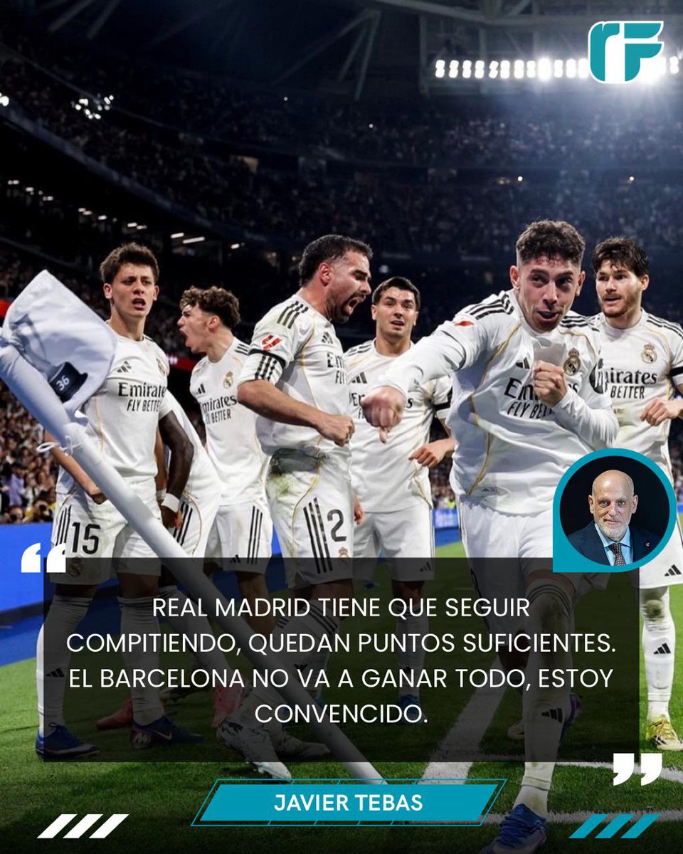 ¡EL MADRID TIENE QUE SEGUIR LUCHANDO! ⚪️

🗣️ Javier Tebas, presidente de la Liga Española, asegura que el Barcelona no va a ganar todos los partidos que le quedan pendientes y el Real Madrid debe seguir peleando por el título. 

 #RF
