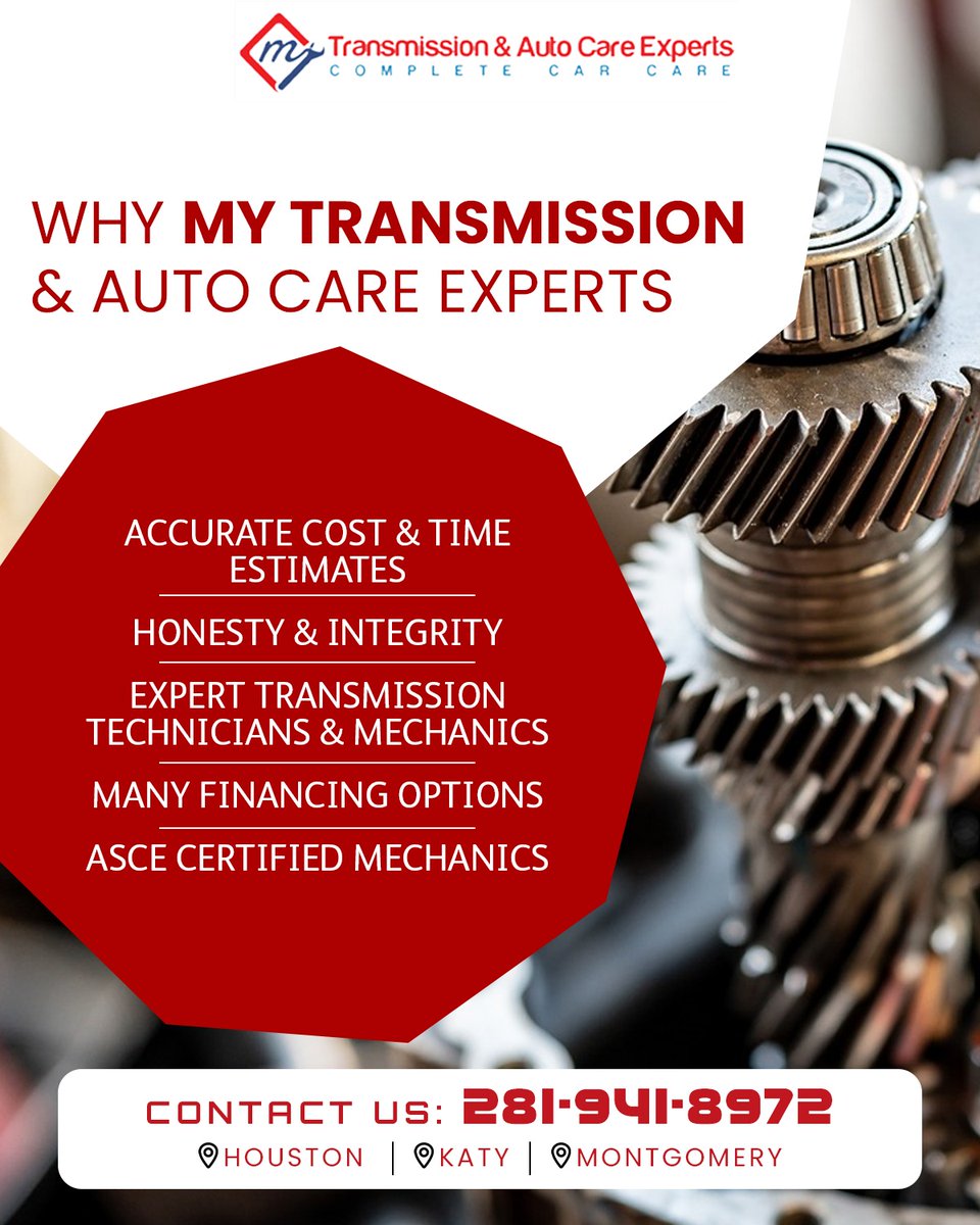 MyTransmissionX's tweet image. Why choose My Transmission &amp;amp; Auto Care Experts?

Get service you can trust from a team that puts quality and transparency first.

Call today to schedule your service.

#TransmissionExperts #AutoRepairHouston #TrustedService #AutoService