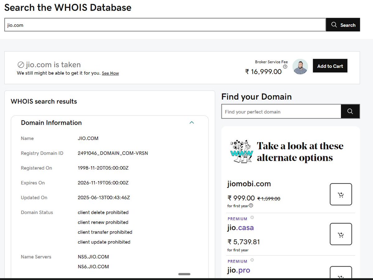 AnandVashisht15's tweet image. Why has the @reliancejio team bought jio.com only till 2026 when they could've locked it for a full decade?

#domainname @jio #jiohotstar #domainassets