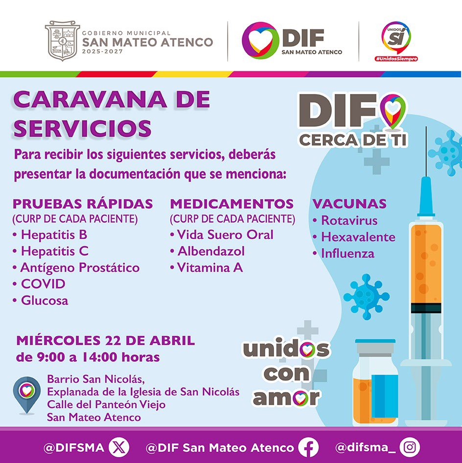 DIFSMA's tweet photo. #Mañana miércoles 22 de abril, la caravana de servicios #DIFCercaDeTi estará en el barrio #SanNicolás con servicios asistenciales para ti y tu familia. 🩺💉🪴💅🏻🐕👕
Te esperamos a las 9:00 h en la explanada de la iglesia.
¡No faltes!
Por las familias atenquenses
#UnidosConAmor ❤️ https://t.co/DfDaMced1T