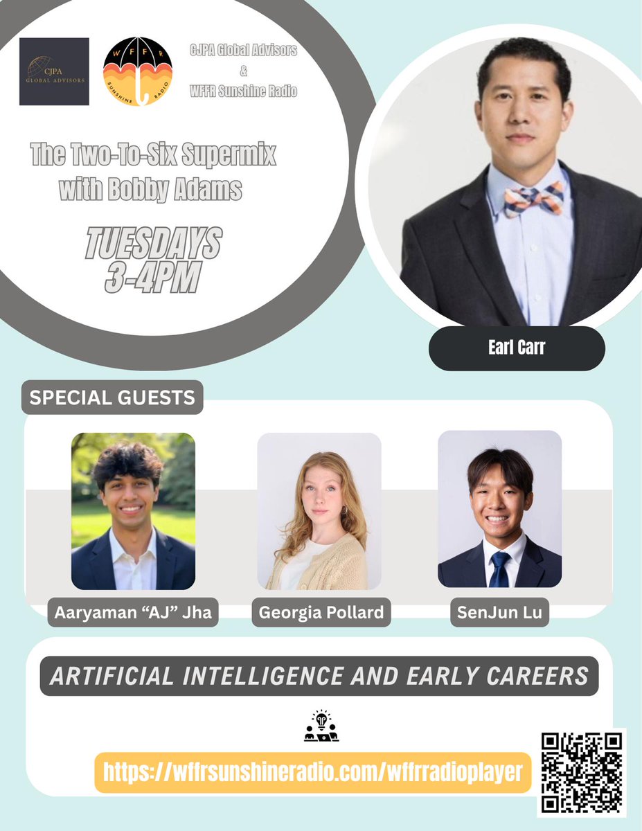 excarr's tweet photo. Thrilled to interview Georgia, SenJun, and AJ on the WFFR Radio Show today 4/21 at 3 pm EST! Please join via the website below or the QR code
https://t.co/HN2m10RFuG
Will explore how students, and young professionals are thinking about the future of (AI), and the work-force. https://t.co/iL35bfub9J
