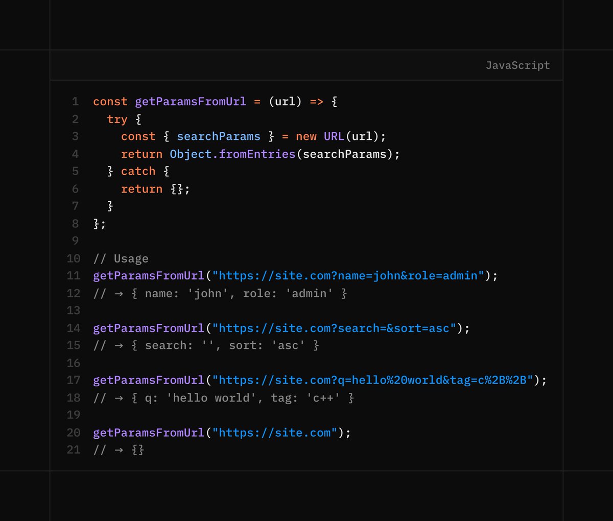 ⚡️ Parse URL query params into object in JavaScript 

No libraries. No regex.

#JavaScript