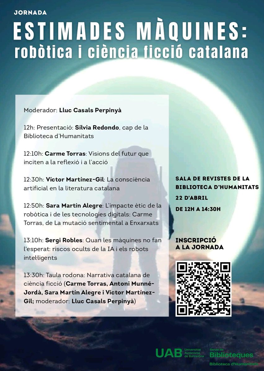 lluc_casals's tweet photo. Demà modero aquesta jornada de xerrades robòtica i ciència-ficció catalana. Serà a la Biblioteca d'Humanitats de la @UABBarcelona. https://t.co/Mu7Wafbrp1