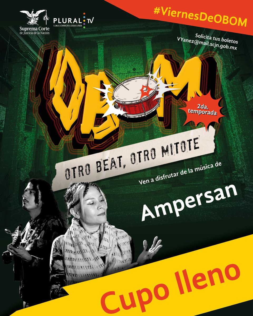 PluralTV_MX's tweet photo. ¡Gracias por ser parte de #OBOM 🥁! 

Tenemos cupo lleno, pero recuerda mantenerte al día en nuestras redes sociales para que puedas asistir a la grabación de nuestro programa donde celebramos la música 🎶

¡Forma parte de #PluralTV y asiste a los #ViernesdeOBOM 🎵 !

📺 https://t.co/Tm8CR3BR0C